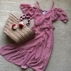 Club Monaco ruffle cold shoulders strip wrap dress